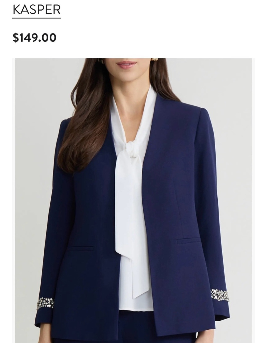 Kasper Navy Open-Front Blazer with Jeweled Cuffs